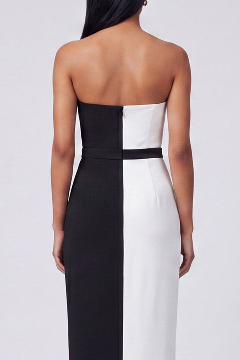 Load image into Gallery viewer, Sheath Strapless Black and White Color Block Patchwork Long Formal Dress