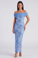 Load image into Gallery viewer, Blue Off the Shoulder Floral Maxi Mermaid Beach Formal Dress with Back Slit