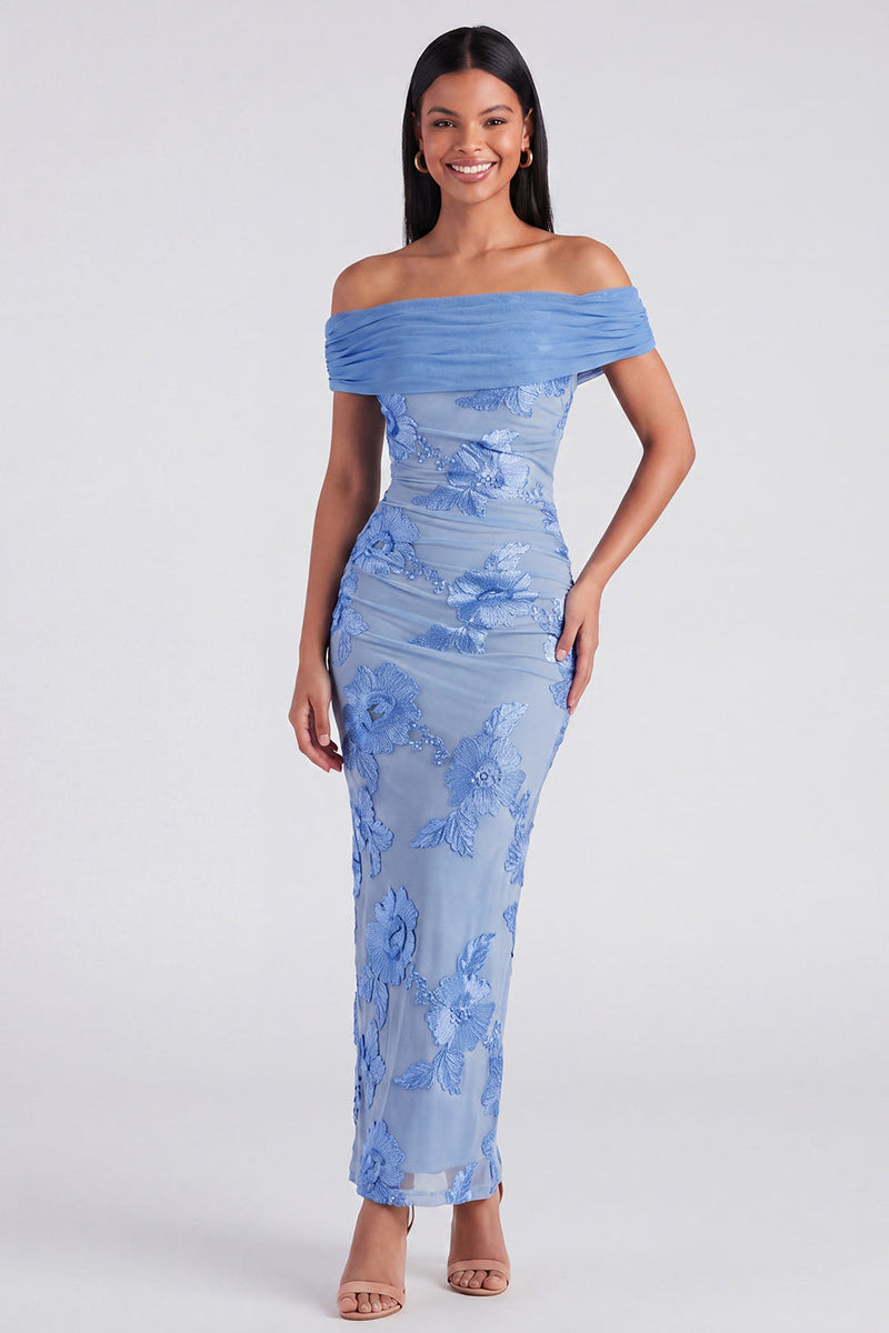 Load image into Gallery viewer, Blue Off the Shoulder Floral Maxi Mermaid Beach Formal Dress with Back Slit