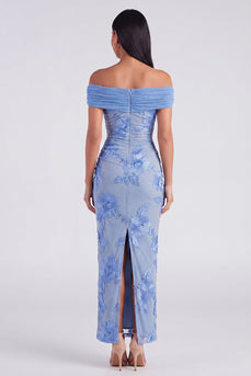 Blue Off the Shoulder Floral Maxi Mermaid Beach Formal Dress with Back Slit