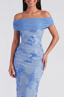 Load image into Gallery viewer, Blue Off the Shoulder Floral Maxi Mermaid Beach Formal Dress with Back Slit