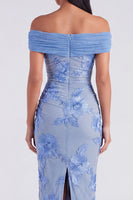 Load image into Gallery viewer, Blue Off the Shoulder Floral Maxi Mermaid Beach Formal Dress with Back Slit