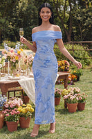Load image into Gallery viewer, Blue Off the Shoulder Floral Maxi Mermaid Beach Formal Dress with Back Slit