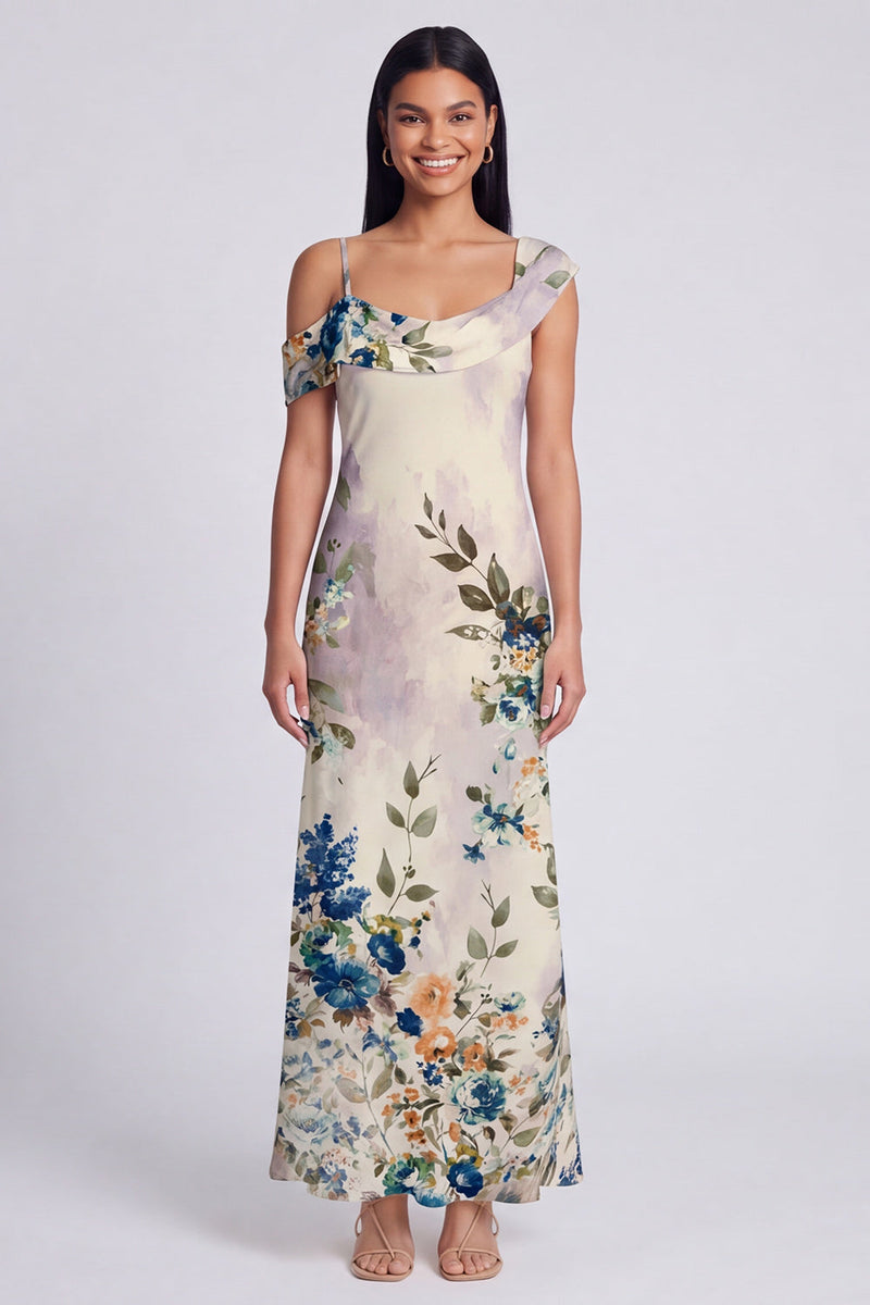 Load image into Gallery viewer, Floral Ivory Mermaid One Shoulder Maxi Beach Formal Dress