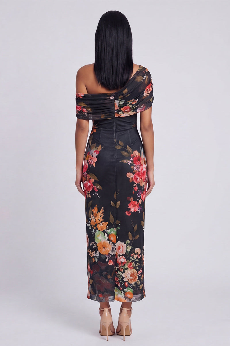 Load image into Gallery viewer, Ivory One Shoulder Sheath Ruched Floral Maxi Beach Formal Dress