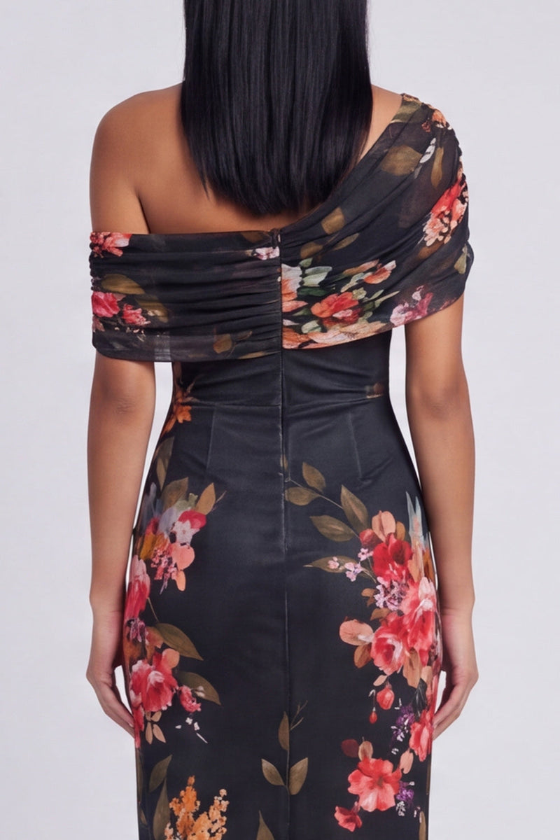Load image into Gallery viewer, Ivory One Shoulder Sheath Ruched Floral Maxi Beach Formal Dress