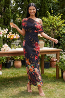 Load image into Gallery viewer, Ivory One Shoulder Sheath Ruched Floral Maxi Beach Formal Dress