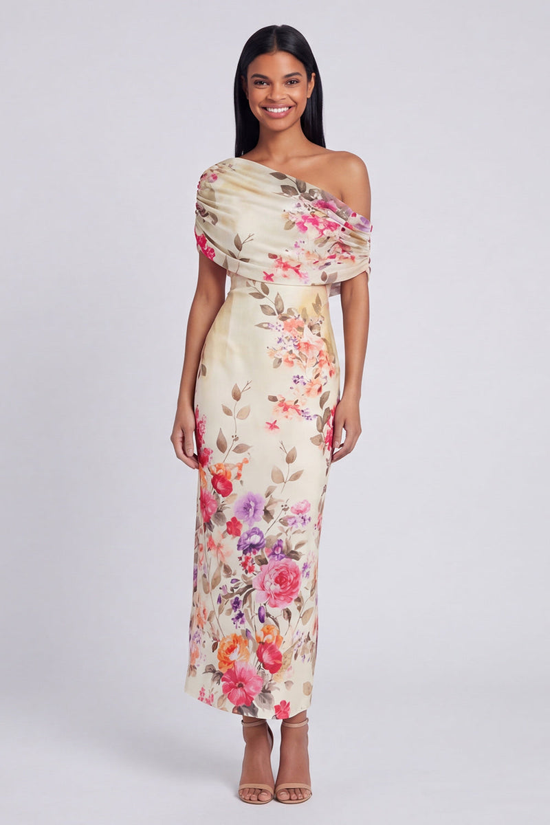 Load image into Gallery viewer, Ivory One Shoulder Sheath Ruched Floral Maxi Beach Formal Dress