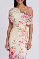 Load image into Gallery viewer, Ivory One Shoulder Sheath Ruched Floral Maxi Beach Formal Dress