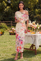 Load image into Gallery viewer, Ivory One Shoulder Sheath Ruched Floral Maxi Beach Formal Dress