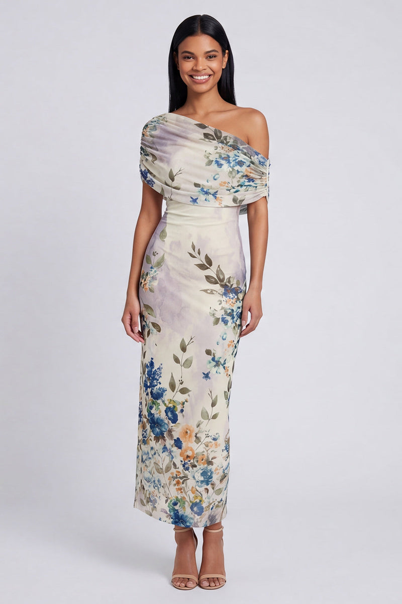 Load image into Gallery viewer, Ivory One Shoulder Sheath Ruched Floral Maxi Beach Formal Dress