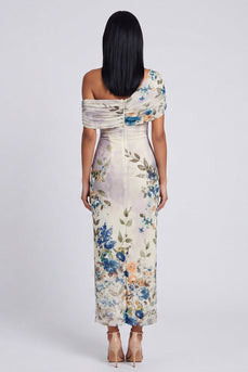 Ivory One Shoulder Sheath Ruched Floral Maxi Beach Formal Dress