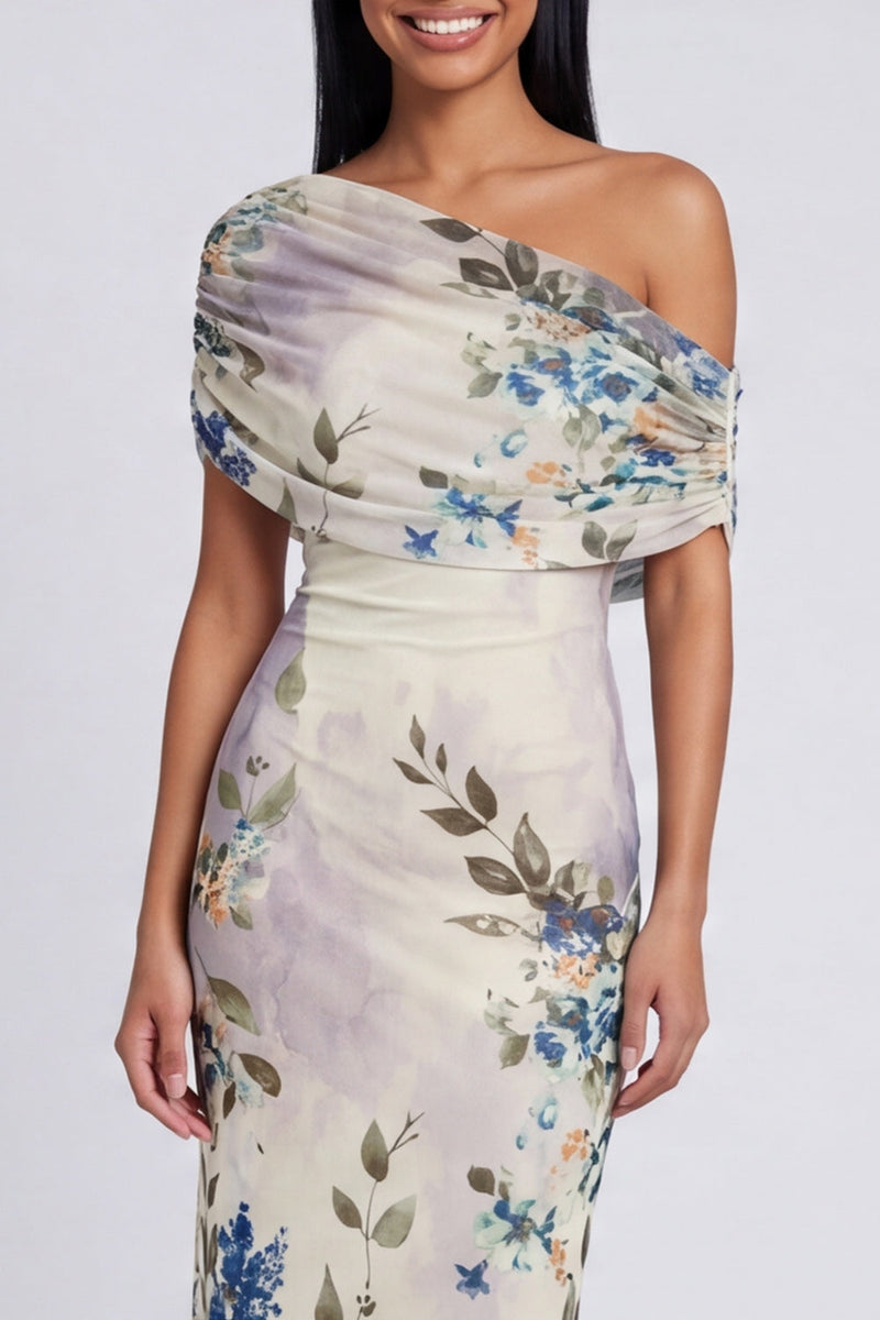 Load image into Gallery viewer, Ivory One Shoulder Sheath Ruched Floral Maxi Beach Formal Dress