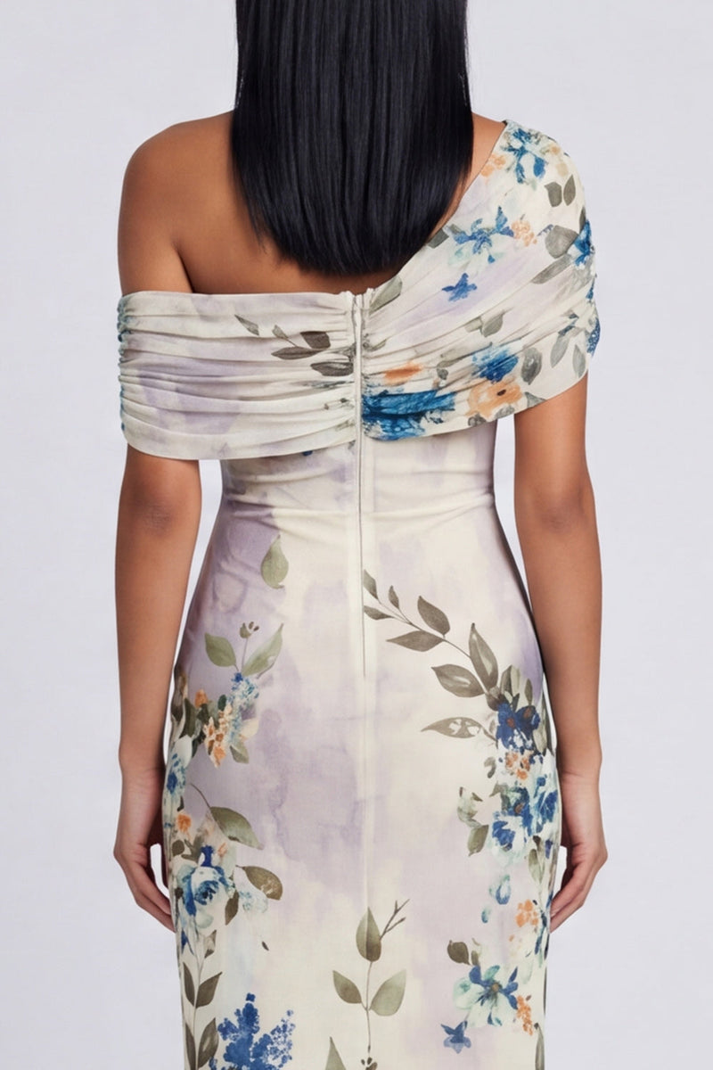 Load image into Gallery viewer, Ivory One Shoulder Sheath Ruched Floral Maxi Beach Formal Dress