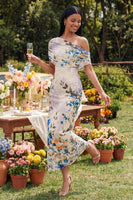 Load image into Gallery viewer, Ivory One Shoulder Sheath Ruched Floral Maxi Beach Formal Dress