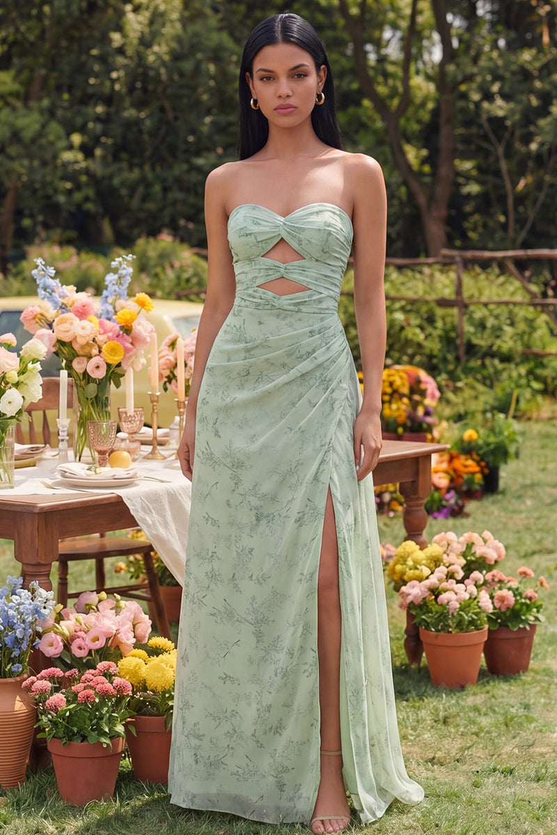 Load image into Gallery viewer, Strapless Dusty Sage Maxi Keyhole A Line Beach Wedding Guest Dress with Slit