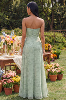 Load image into Gallery viewer, Strapless Dusty Sage Maxi Keyhole A Line Beach Wedding Guest Dress with Slit
