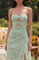 Load image into Gallery viewer, Strapless Dusty Sage Maxi Keyhole A Line Beach Wedding Guest Dress with Slit