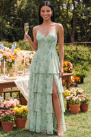 Load image into Gallery viewer, Ruffled Dusty Sage Maxi A Line Spaghetti Straps Beach Wedding Guest Dress with Slit