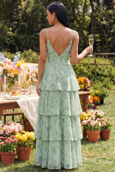 Ruffled Dusty Sage Maxi A Line Spaghetti Straps Beach Wedding Guest Dress with Slit