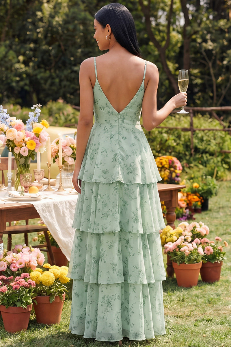 Load image into Gallery viewer, Ruffled Dusty Sage Maxi A Line Spaghetti Straps Beach Wedding Guest Dress with Slit