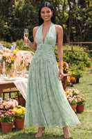 Load image into Gallery viewer, Halter Ruched Dusty Sage A Line Beach Maxi Wedding Guest Dress