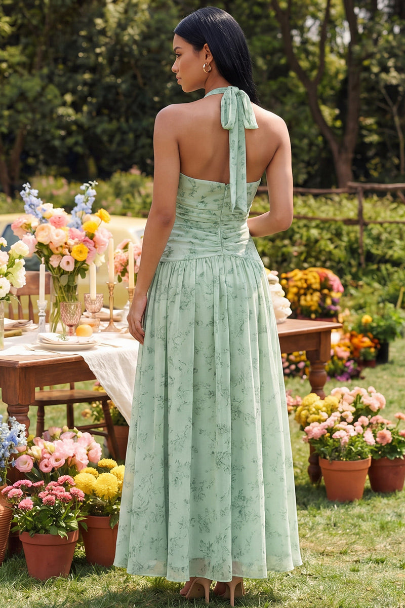 Load image into Gallery viewer, Halter Ruched Dusty Sage A Line Beach Maxi Wedding Guest Dress