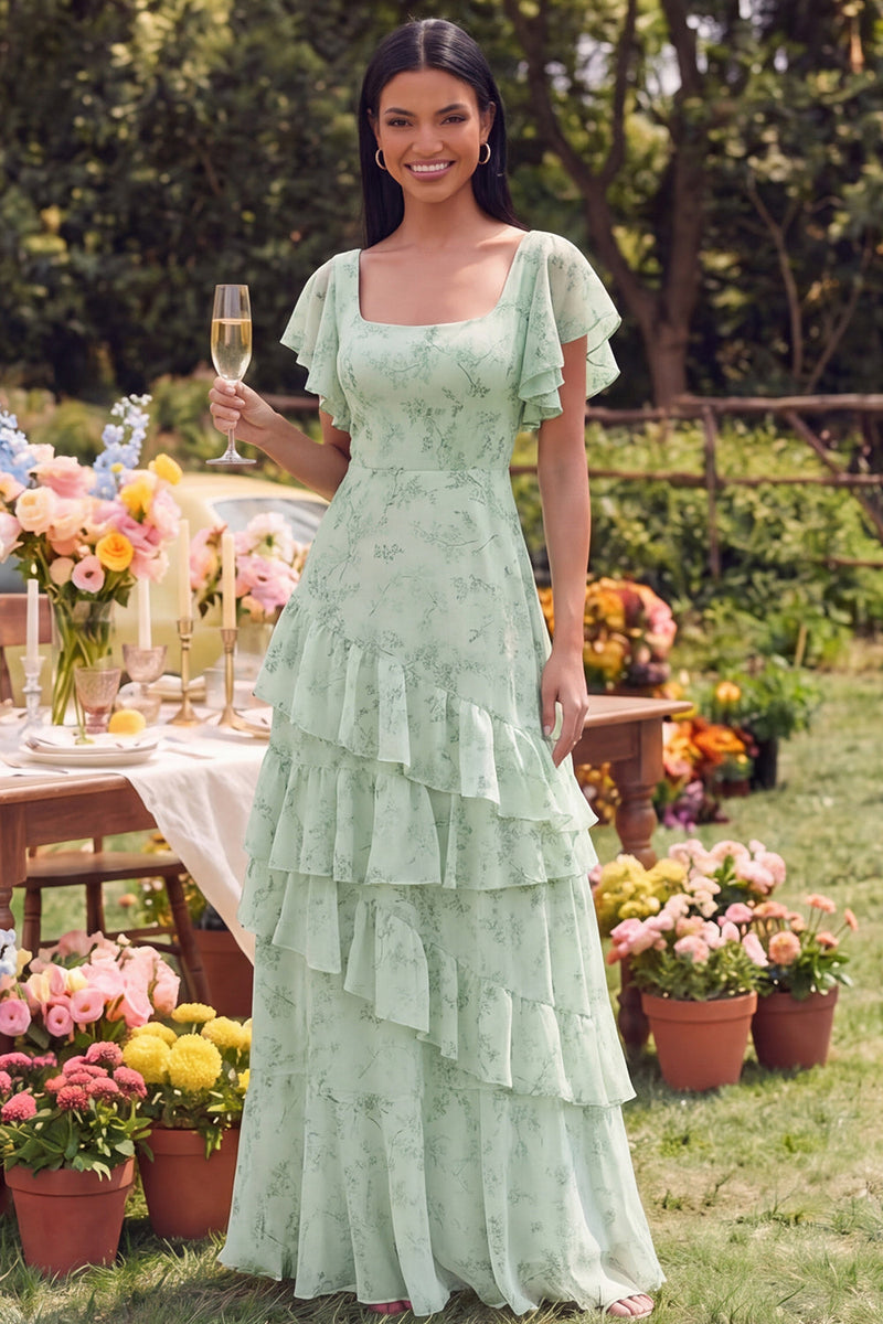 Load image into Gallery viewer, Square Neck Dusty Sage Maxi Beach A Line Wedding Guest Dress with Ruffles