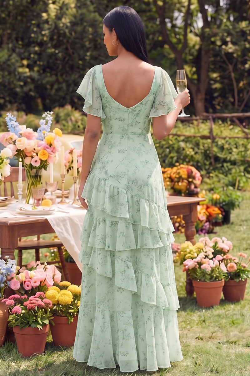 Load image into Gallery viewer, Square Neck Dusty Sage Maxi Beach A Line Wedding Guest Dress with Ruffles
