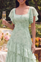 Load image into Gallery viewer, Square Neck Dusty Sage Maxi Beach A Line Wedding Guest Dress with Ruffles