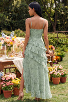 Load image into Gallery viewer, Spaghetti Straps Dusty Sage Maxi Ruffled A Line Beach Wedding Guest Dress with Slit