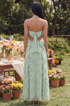 Halter Dusty Sage Maxi Cut Out Ruffled A Line Beach Wedding Guest Dress with Bow