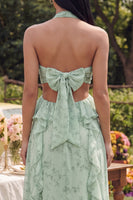 Load image into Gallery viewer, Halter Dusty Sage Maxi Cut Out Ruffled A Line Beach Wedding Guest Dress with Bow