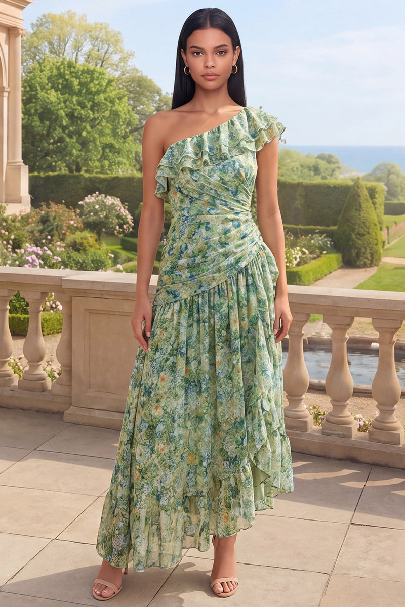Load image into Gallery viewer, One Shoulder Dusty Green Ruched Asymmetrical A Line Beach Wedding Guest Dress with Ruffles