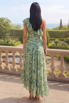 One Shoulder Dusty Green Ruched Asymmetrical A Line Beach Wedding Guest Dress with Ruffles