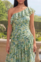 Load image into Gallery viewer, One Shoulder Dusty Green Ruched Asymmetrical A Line Beach Wedding Guest Dress with Ruffles