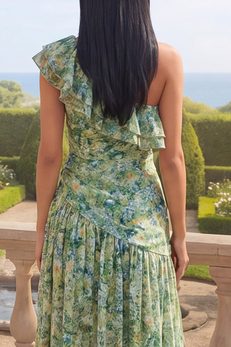 Load image into Gallery viewer, One Shoulder Dusty Green Ruched Asymmetrical A Line Beach Wedding Guest Dress with Ruffles