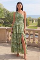 Load image into Gallery viewer, Ruffled One Shoulder Dusty Green Ruched Maxi A Line Beach Wedding Guest Dress with Slit