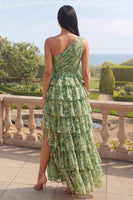 Load image into Gallery viewer, Ruffled One Shoulder Dusty Green Ruched Maxi A Line Beach Wedding Guest Dress with Slit