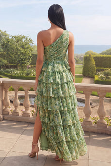 Ruffled One Shoulder Dusty Green Ruched Maxi A Line Beach Wedding Guest Dress with Slit