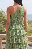 Load image into Gallery viewer, Ruffled One Shoulder Dusty Green Ruched Maxi A Line Beach Wedding Guest Dress with Slit