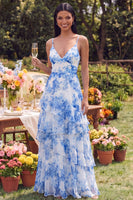 Load image into Gallery viewer, White Blue Flower A Line Spaghetti Straps Maxi Wedding Guest Dress with Ruffles
