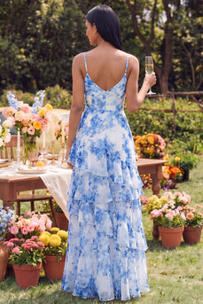 White Blue Flower A Line Spaghetti Straps Maxi Wedding Guest Dress with Ruffles