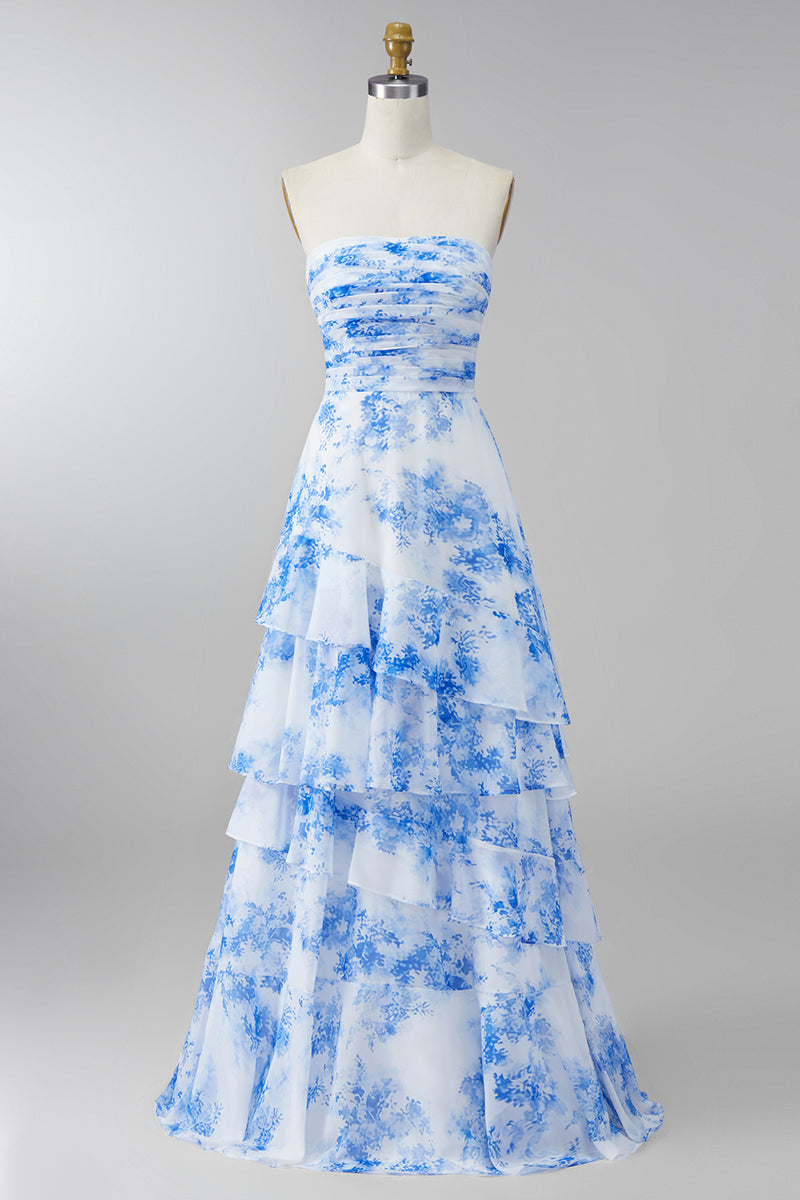 Load image into Gallery viewer, Strapless White Blue Flower Maxi Ruched A Line Wedding Guest Dress with Ruffles