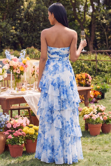 Strapless White Blue Flower Maxi Ruched A Line Wedding Guest Dress with Ruffles