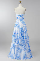 Load image into Gallery viewer, Strapless White Blue Flower Maxi Ruched A Line Wedding Guest Dress with Ruffles