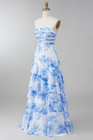 Load image into Gallery viewer, Strapless White Blue Flower Maxi Ruched A Line Wedding Guest Dress with Ruffles