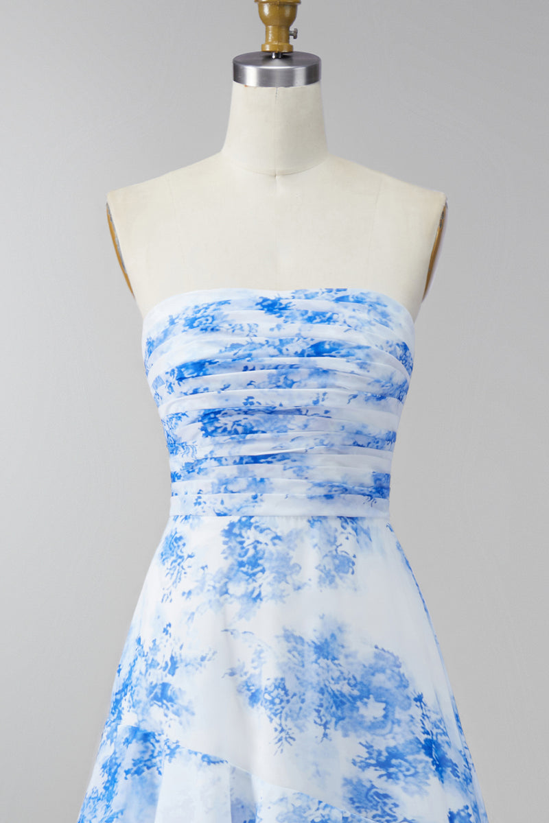 Load image into Gallery viewer, Strapless White Blue Flower Maxi Ruched A Line Wedding Guest Dress with Ruffles