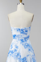 Load image into Gallery viewer, Strapless White Blue Flower Maxi Ruched A Line Wedding Guest Dress with Ruffles