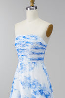 Load image into Gallery viewer, Strapless White Blue Flower Maxi Ruched A Line Wedding Guest Dress with Ruffles